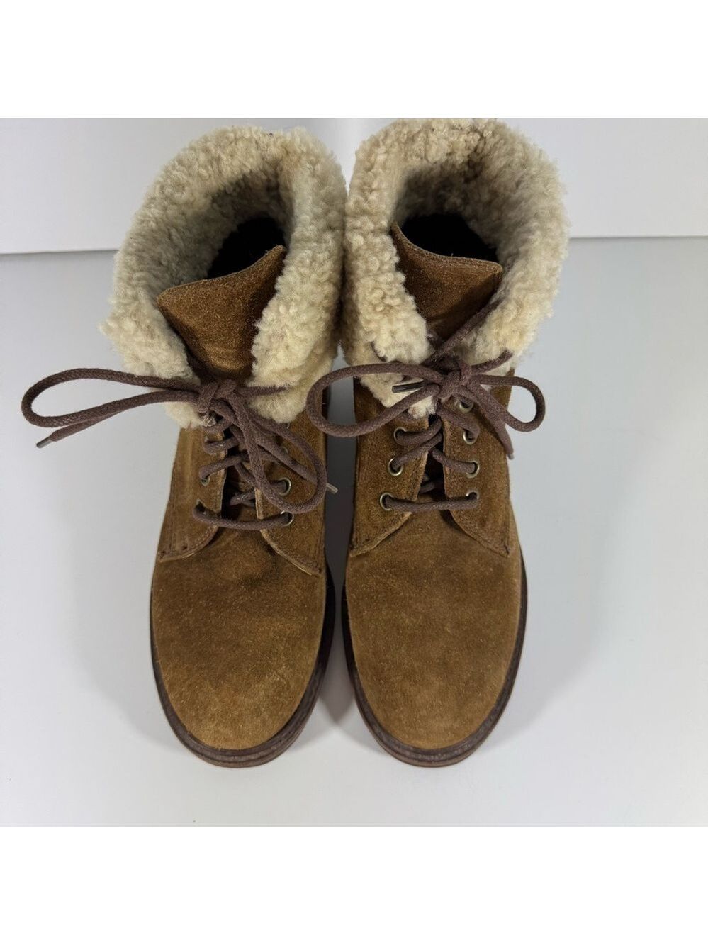 Cole Haan Country Chunky Suede Boots Womens 7.5 Tan Brown Lace Up Heeled Booties - Picture 4 of 12